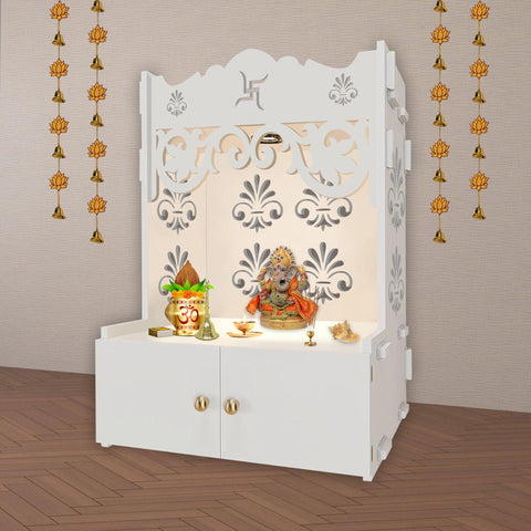 Floral Designer Pattern Floor Temple with Spacious Wooden Shelf & Inbuilt Focus Light- White Finish - Decor Mantra 