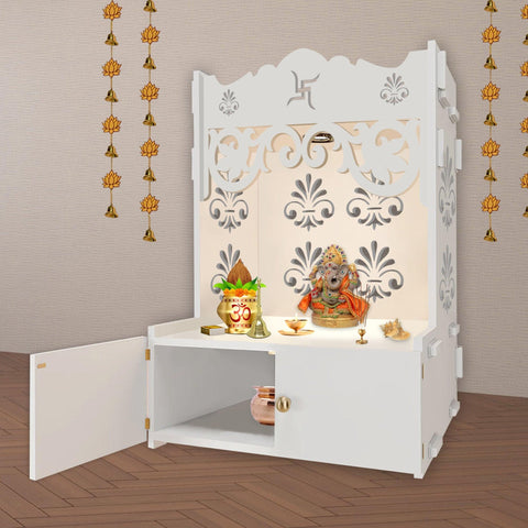 Floral Designer Pattern Floor Temple with Spacious Wooden Shelf & Inbuilt Focus Light- White Finish - Decor Mantra 