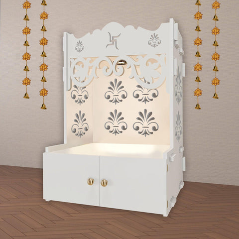Floral Designer Pattern Floor Temple with Spacious Wooden Shelf & Inbuilt Focus Light- White Finish - Decor Mantra 