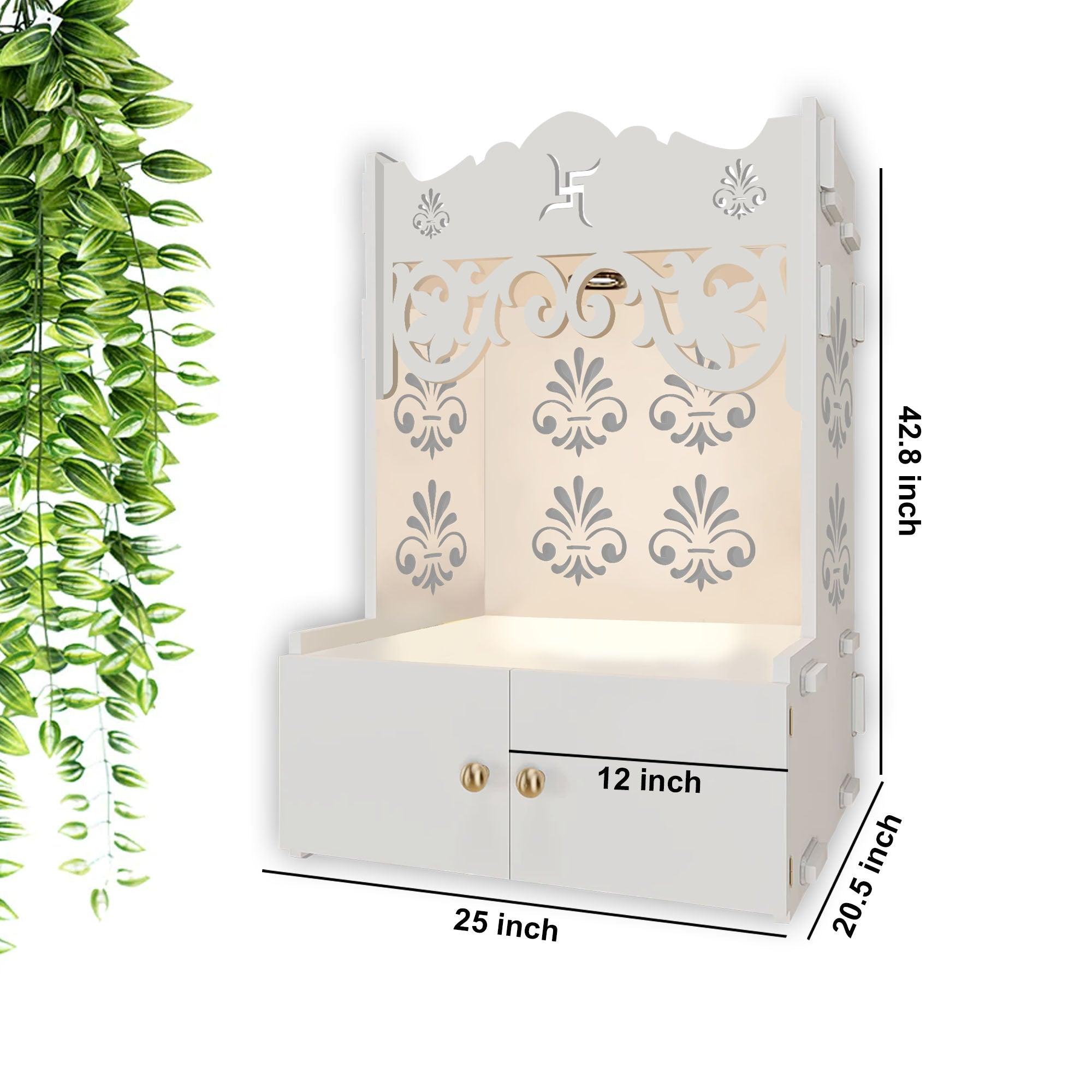 Floral Designer Pattern Floor Temple with Spacious Wooden Shelf & Inbuilt Focus Light- White Finish - Decor Mantra 