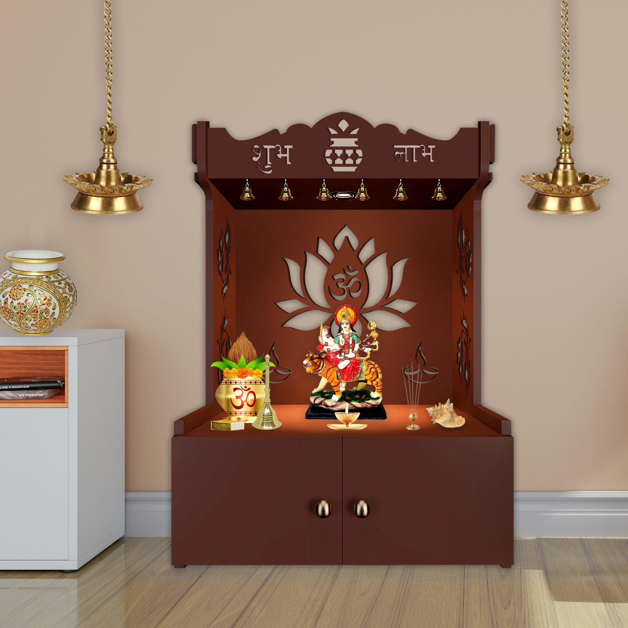 Beautiful Lotus Pattern Floor Temple with Spacious Wooden Shelf & Inbuilt Focus Light- Brown Finish - Decor Mantra 