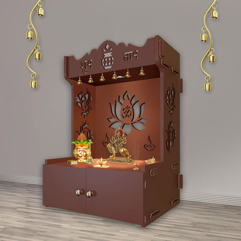 Beautiful Lotus Pattern Floor Temple with Spacious Wooden Shelf & Inbuilt Focus Light- Brown Finish - Decor Mantra 