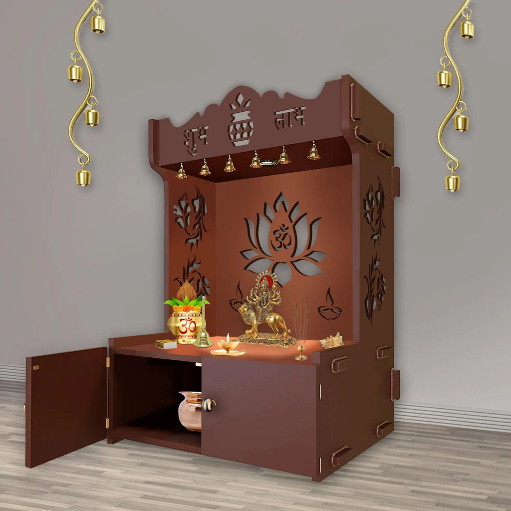 Beautiful Lotus Pattern Floor Temple with Spacious Wooden Shelf & Inbuilt Focus Light- Brown Finish - Decor Mantra 