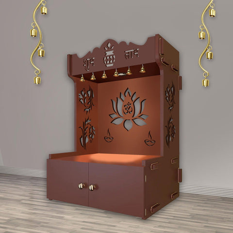 Beautiful Lotus Pattern Floor Temple with Spacious Wooden Shelf & Inbuilt Focus Light- Brown Finish - Decor Mantra 