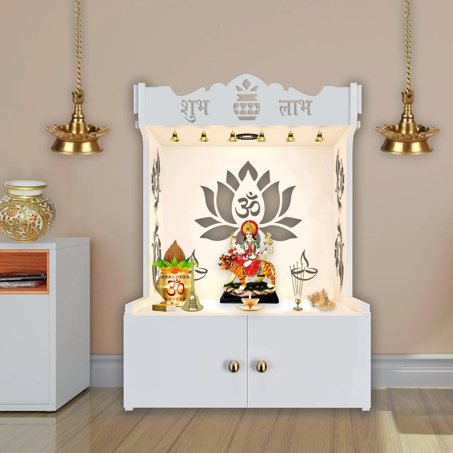 Beautiful Lotus Pattern Floor Temple with Spacious Wooden Shelf & Inbuilt Focus Light- White Finish - Decor Mantra 