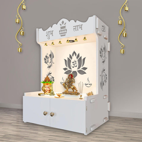 Beautiful Lotus Pattern Floor Temple with Spacious Wooden Shelf & Inbuilt Focus Light- White Finish - Decor Mantra 
