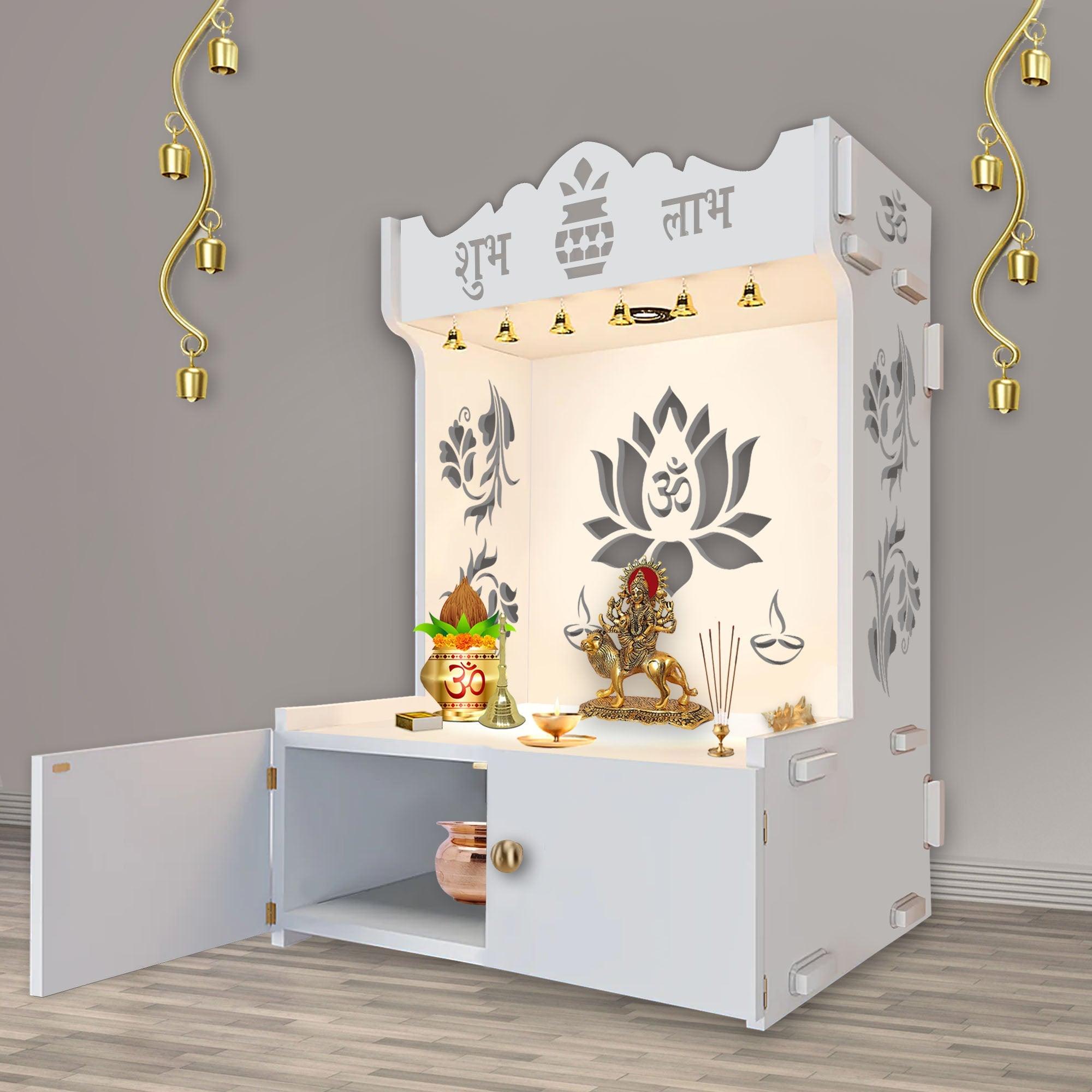 Beautiful Lotus Pattern Floor Temple with Spacious Wooden Shelf & Inbuilt Focus Light- White Finish - Decor Mantra 