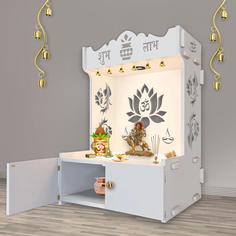 Beautiful Lotus Pattern Floor Temple with Spacious Wooden Shelf & Inbuilt Focus Light- White Finish - Decor Mantra 