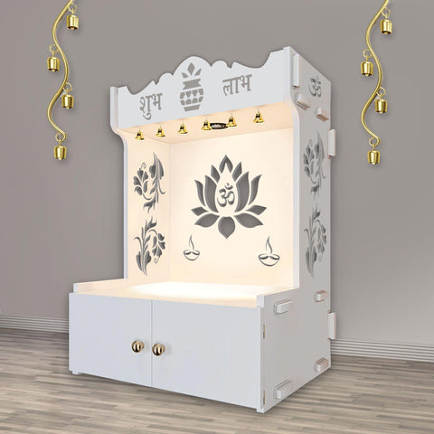 Beautiful Lotus Pattern Floor Temple with Spacious Wooden Shelf & Inbuilt Focus Light- White Finish - Decor Mantra 