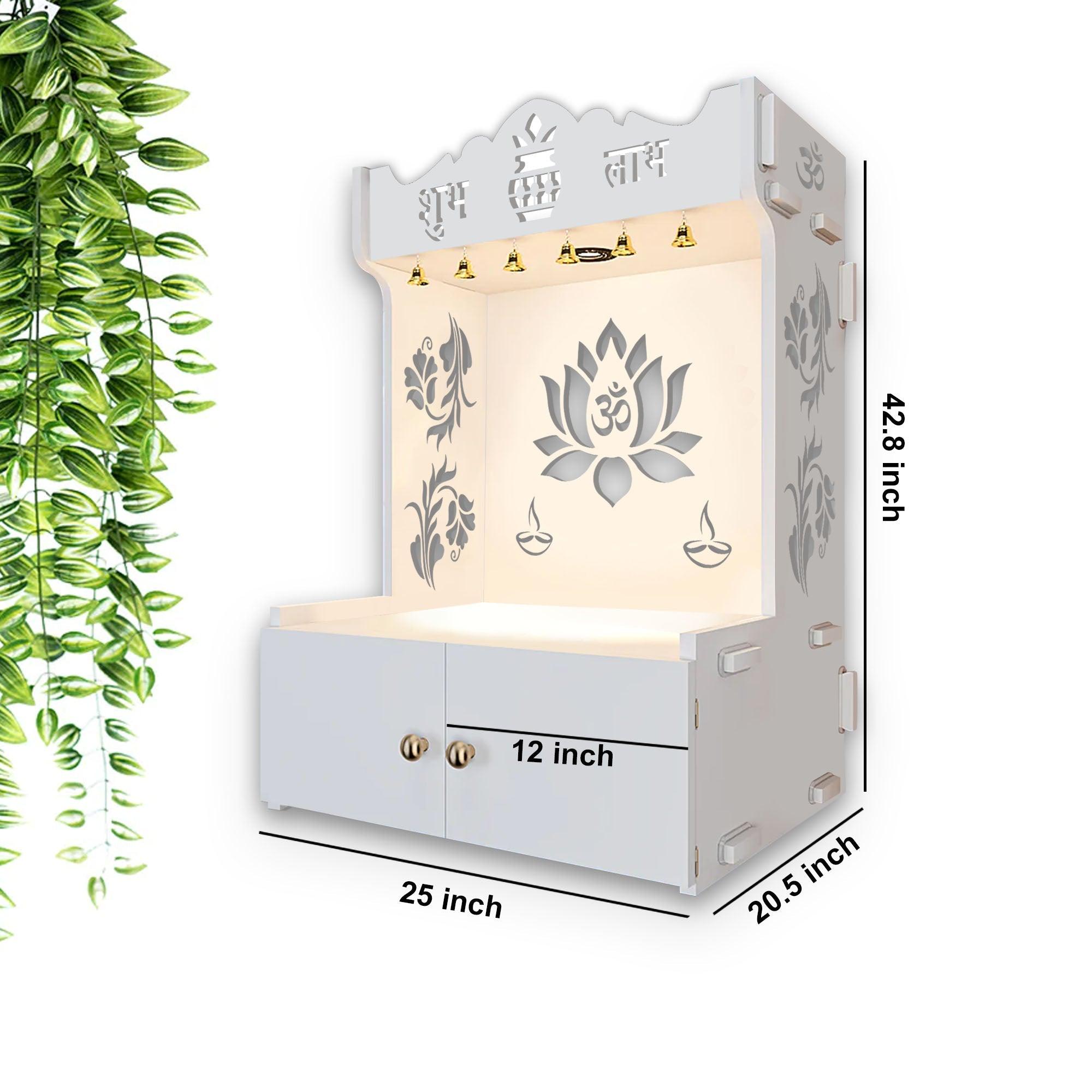 Beautiful Lotus Pattern Floor Temple with Spacious Wooden Shelf & Inbuilt Focus Light- White Finish - Decor Mantra 