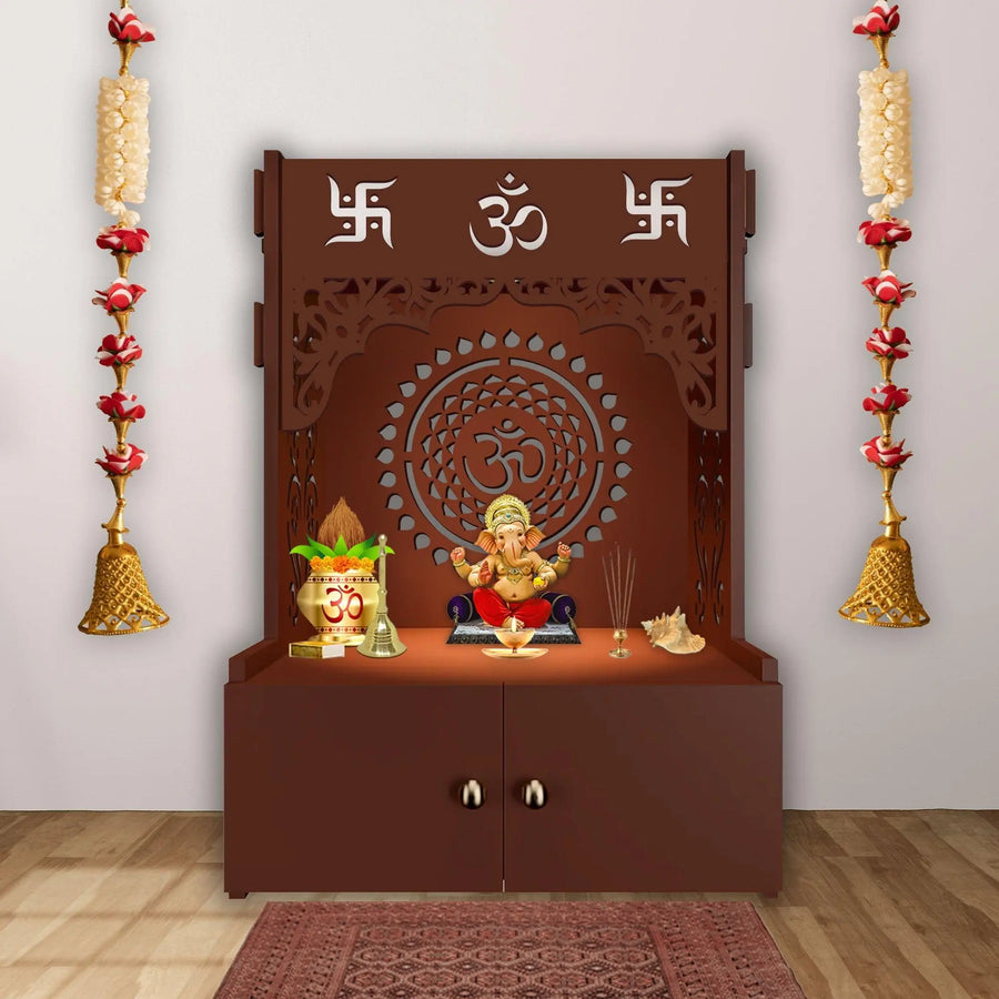 Designer Om Chakra Floor Temple with Spacious Wooden Shelf & Inbuilt Focus Light- Brown Finish - Decor Mantra 
