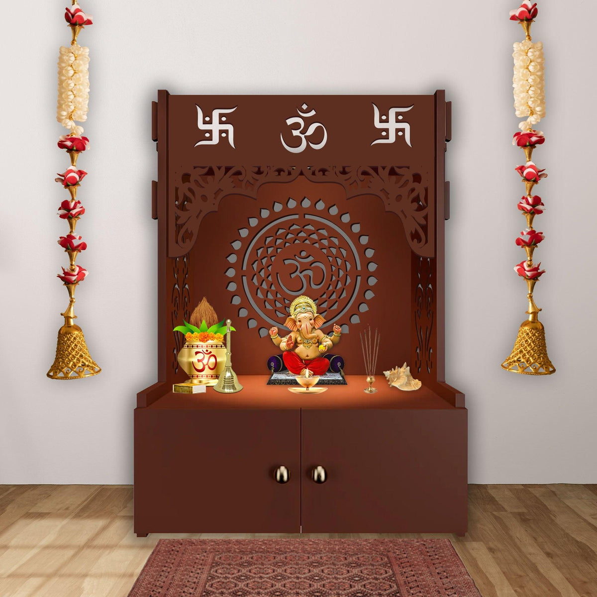 Designer Om Chakra Floor Temple with Spacious Wooden Shelf & Inbuilt Focus Light- Brown Finish - Decor Mantra 