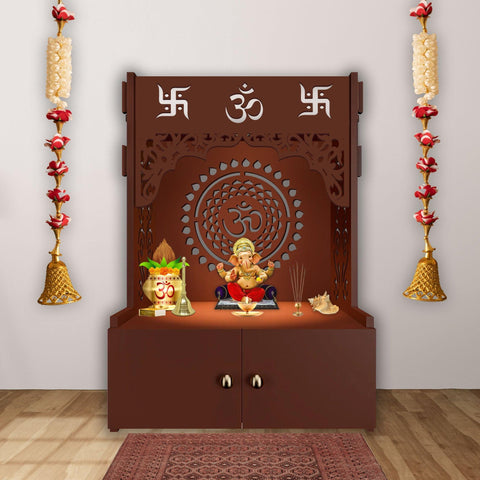 Designer Om Chakra Floor Temple with Spacious Wooden Shelf & Inbuilt Focus Light- Brown Finish - Decor Mantra 