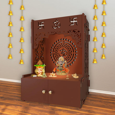 Designer Om Chakra Floor Temple with Spacious Wooden Shelf & Inbuilt Focus Light- Brown Finish - Decor Mantra 