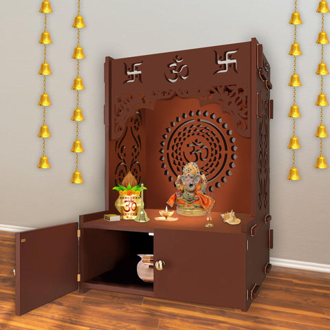 Designer Om Chakra Floor Temple with Spacious Wooden Shelf & Inbuilt Focus Light- Brown Finish - Decor Mantra 