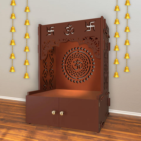 Designer Om Chakra Floor Temple with Spacious Wooden Shelf & Inbuilt Focus Light- Brown Finish - Decor Mantra 