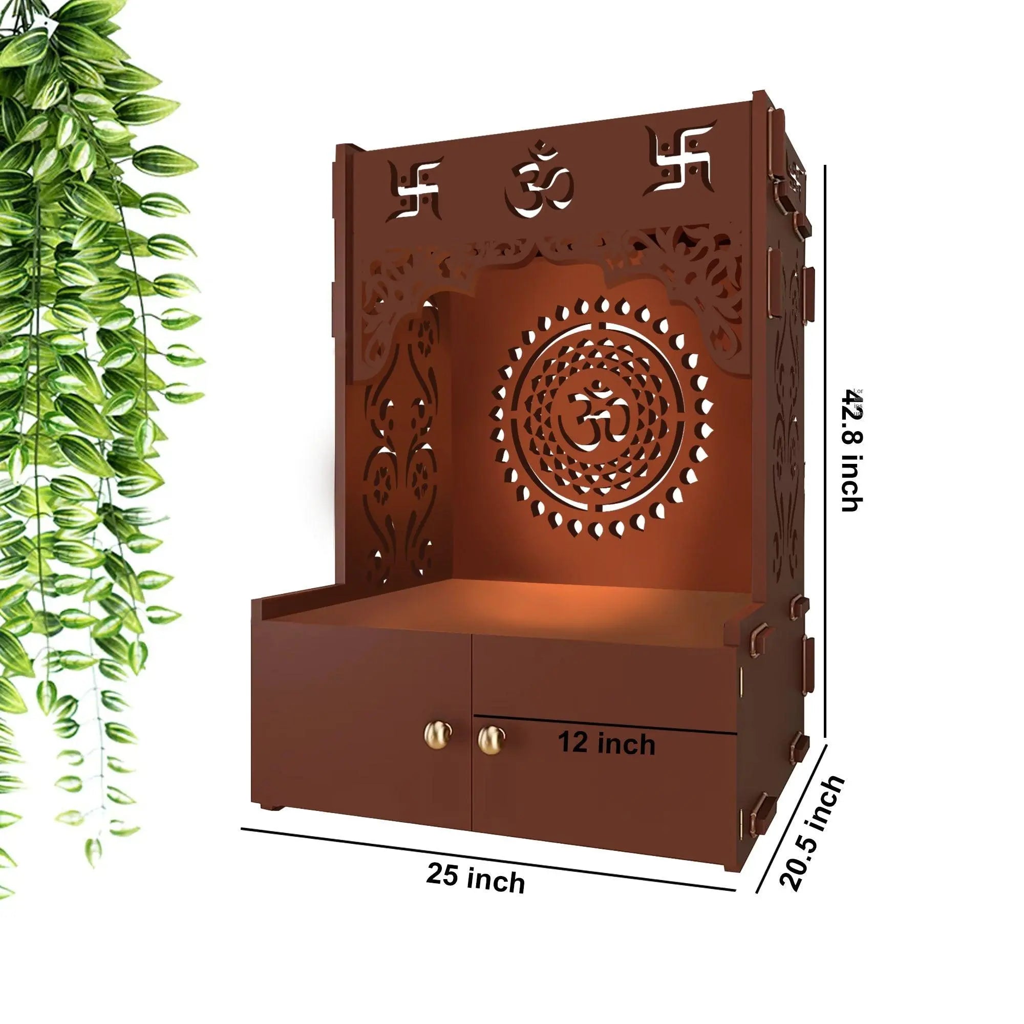 Designer Om Chakra Floor Temple with Spacious Wooden Shelf & Inbuilt Focus Light- Brown Finish - Decor Mantra 