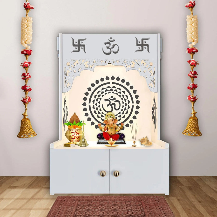 Designer Om Chakra Floor Temple with Spacious Wooden Shelf & Inbuilt Focus Light- White Finish - Decor Mantra 