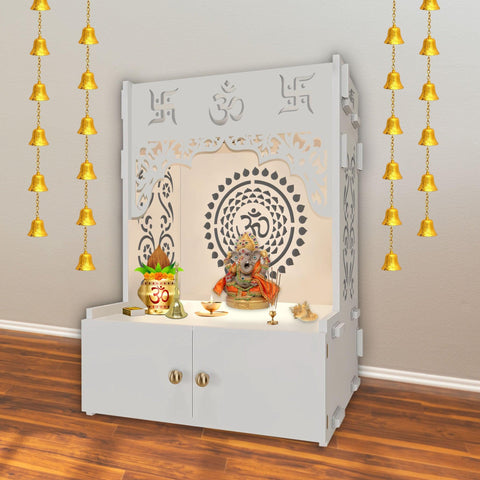 Designer Om Chakra Floor Temple with Spacious Wooden Shelf & Inbuilt Focus Light- White Finish - Decor Mantra 