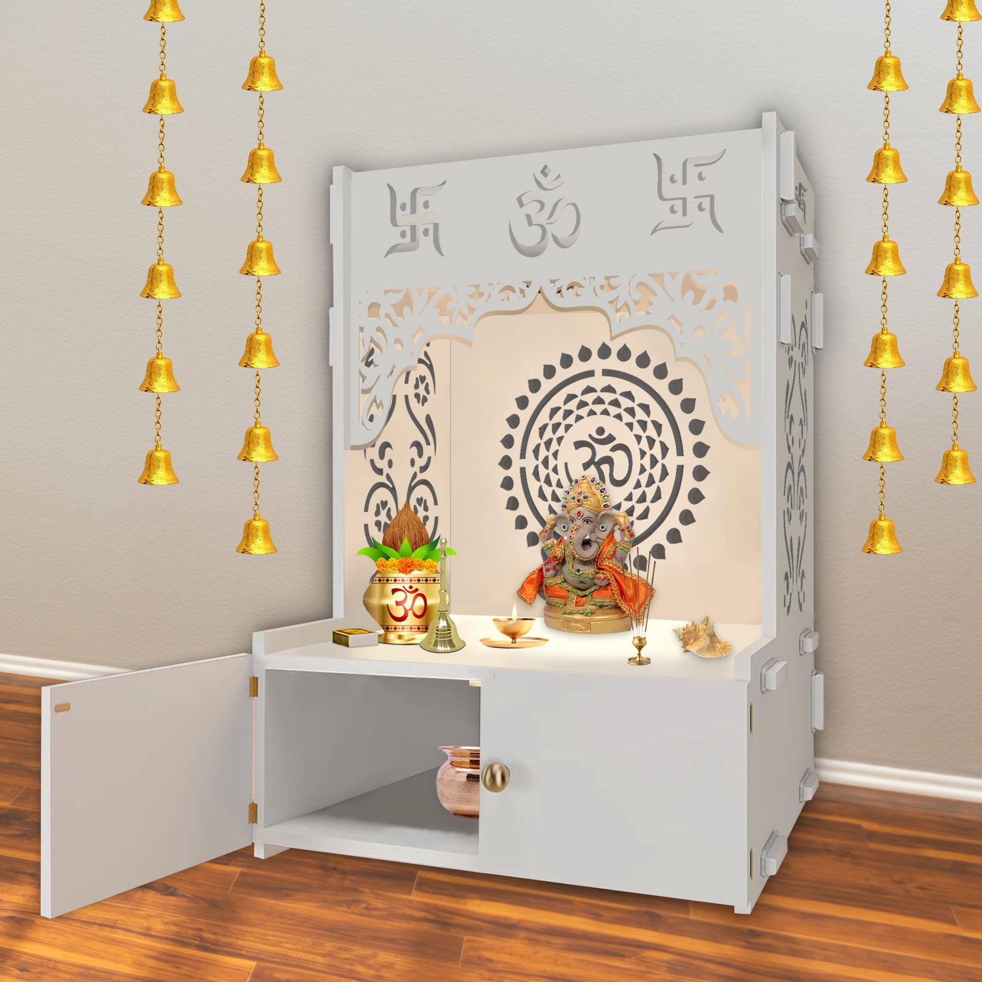 Designer Om Chakra Floor Temple with Spacious Wooden Shelf & Inbuilt Focus Light- White Finish - Decor Mantra 