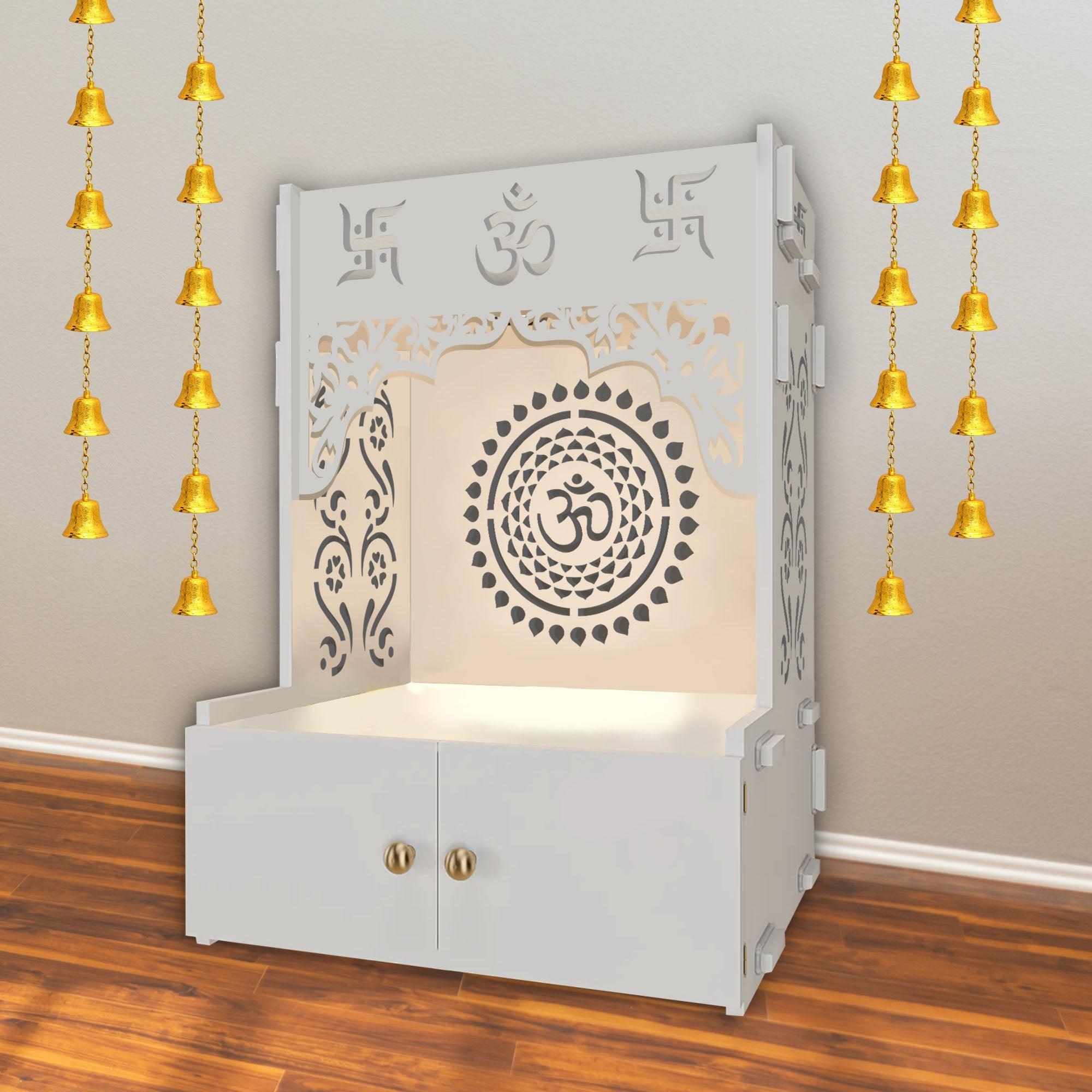 Designer Om Chakra Floor Temple with Spacious Wooden Shelf & Inbuilt Focus Light- White Finish - Decor Mantra 
