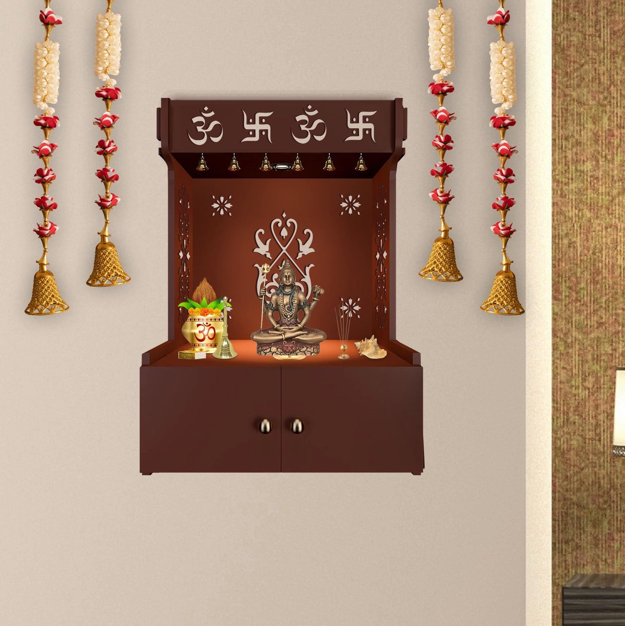 OM Swastika Symbol of Hindu Religious Brown Wooden Wall Temple for Home With Inbuilt focus Lights & Spacious Shelf - Decor Mantra 