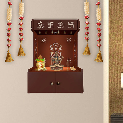 OM Swastika Symbol of Hindu Religious Brown Wooden Wall Temple for Home With Inbuilt focus Lights & Spacious Shelf - Decor Mantra 