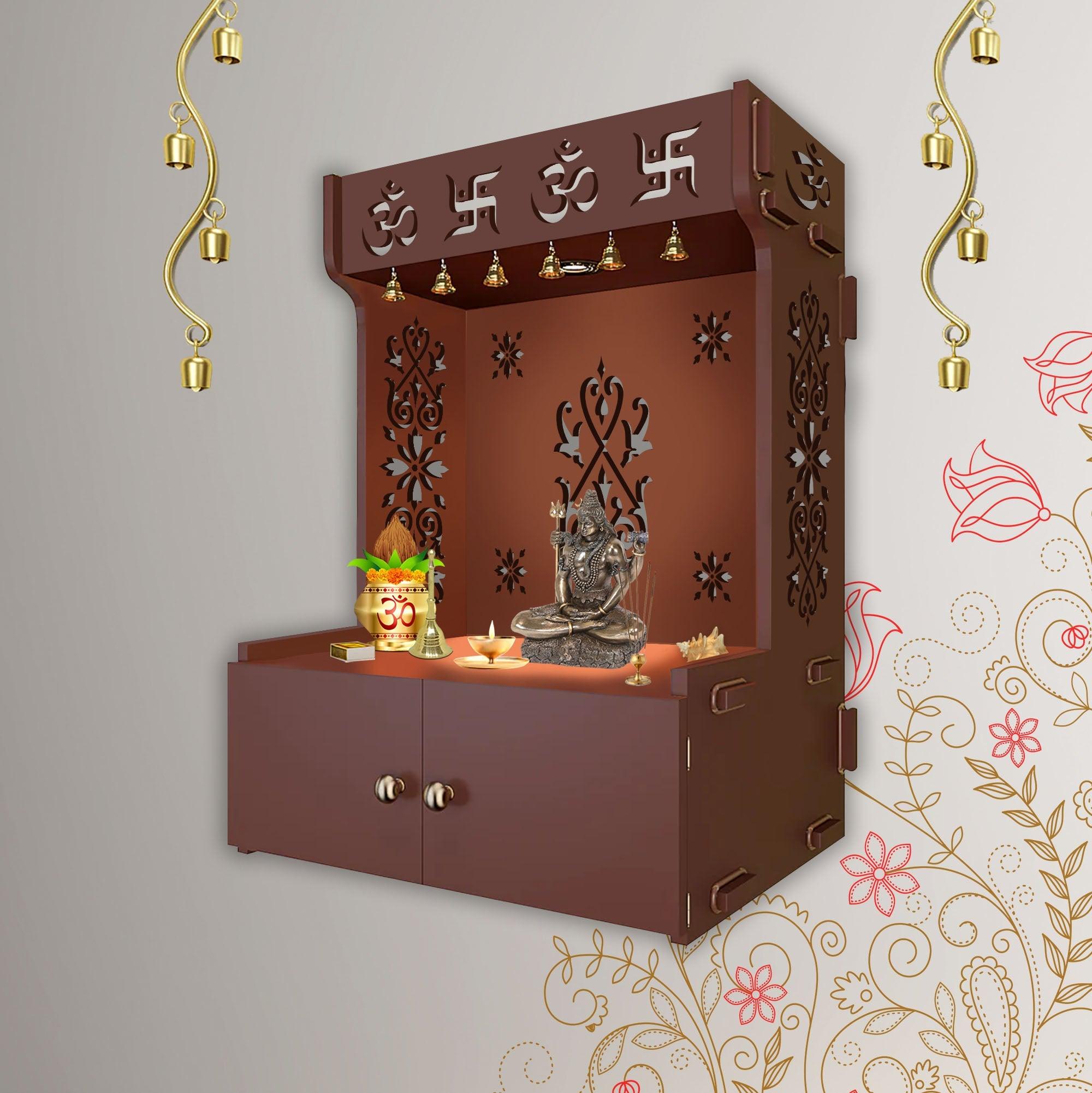 OM Swastika Symbol of Hindu Religious Brown Wooden Wall Temple for Home With Inbuilt focus Lights & Spacious Shelf - Decor Mantra 