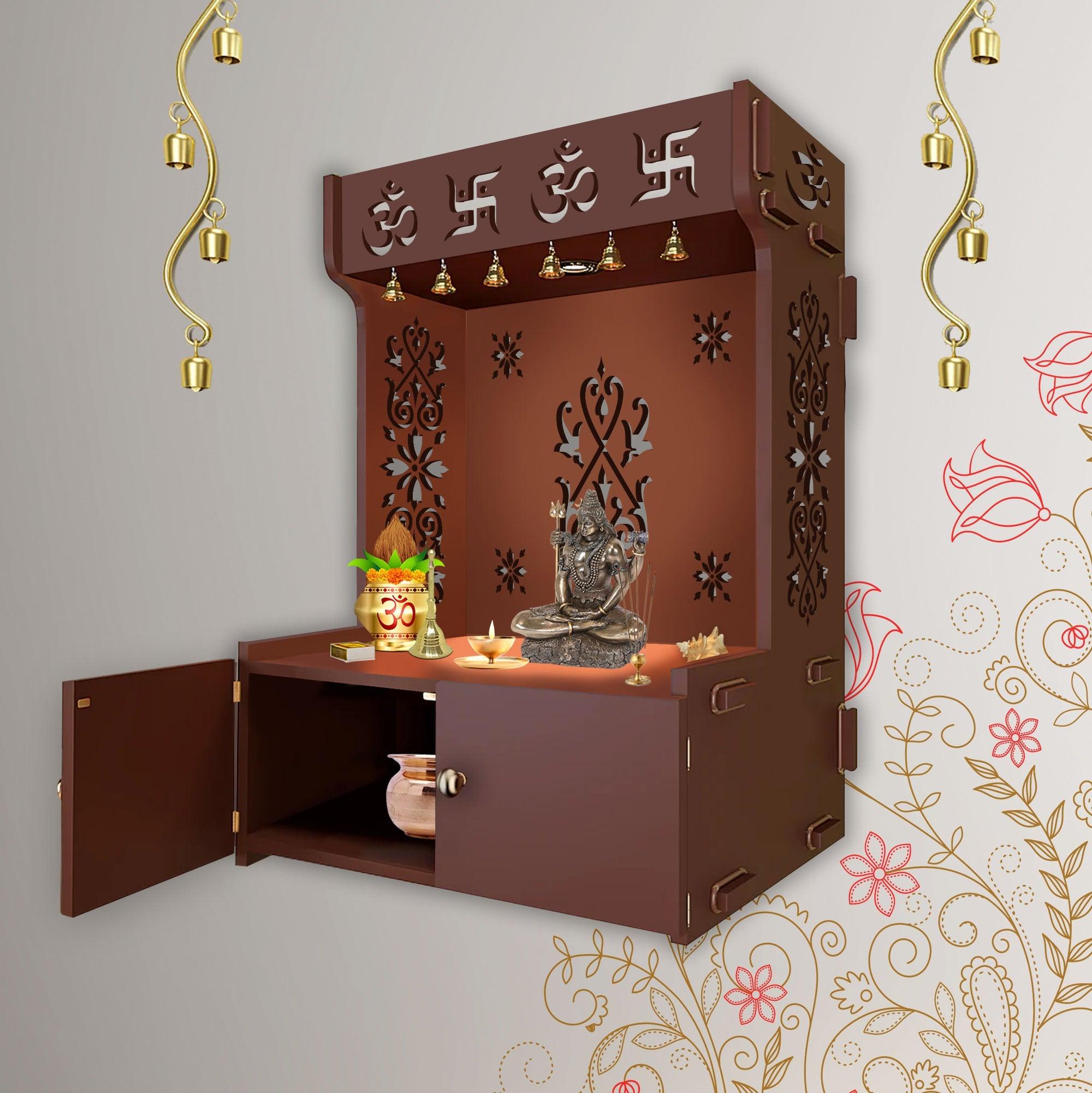 OM Swastika Symbol of Hindu Religious Brown Wooden Wall Temple for Home With Inbuilt focus Lights & Spacious Shelf - Decor Mantra 