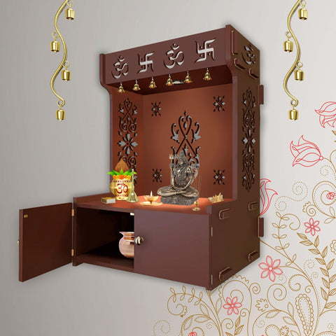 OM Swastika Symbol of Hindu Religious Brown Wooden Wall Temple for Home With Inbuilt focus Lights & Spacious Shelf - Decor Mantra 