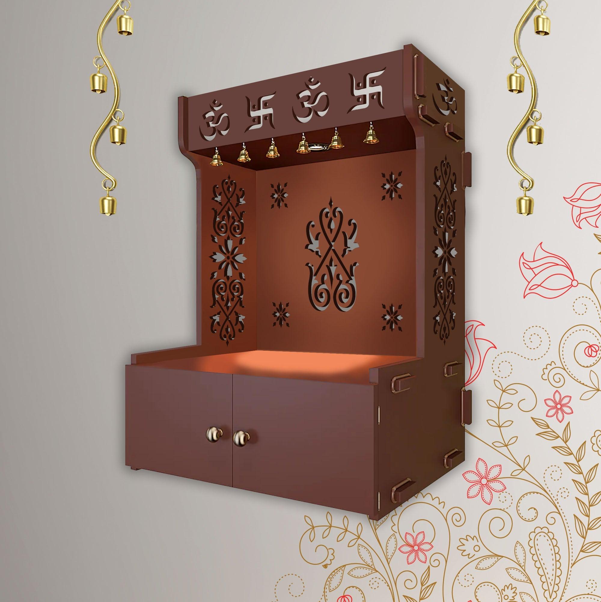 OM Swastika Symbol of Hindu Religious Brown Wooden Wall Temple for Home With Inbuilt focus Lights & Spacious Shelf - Decor Mantra 