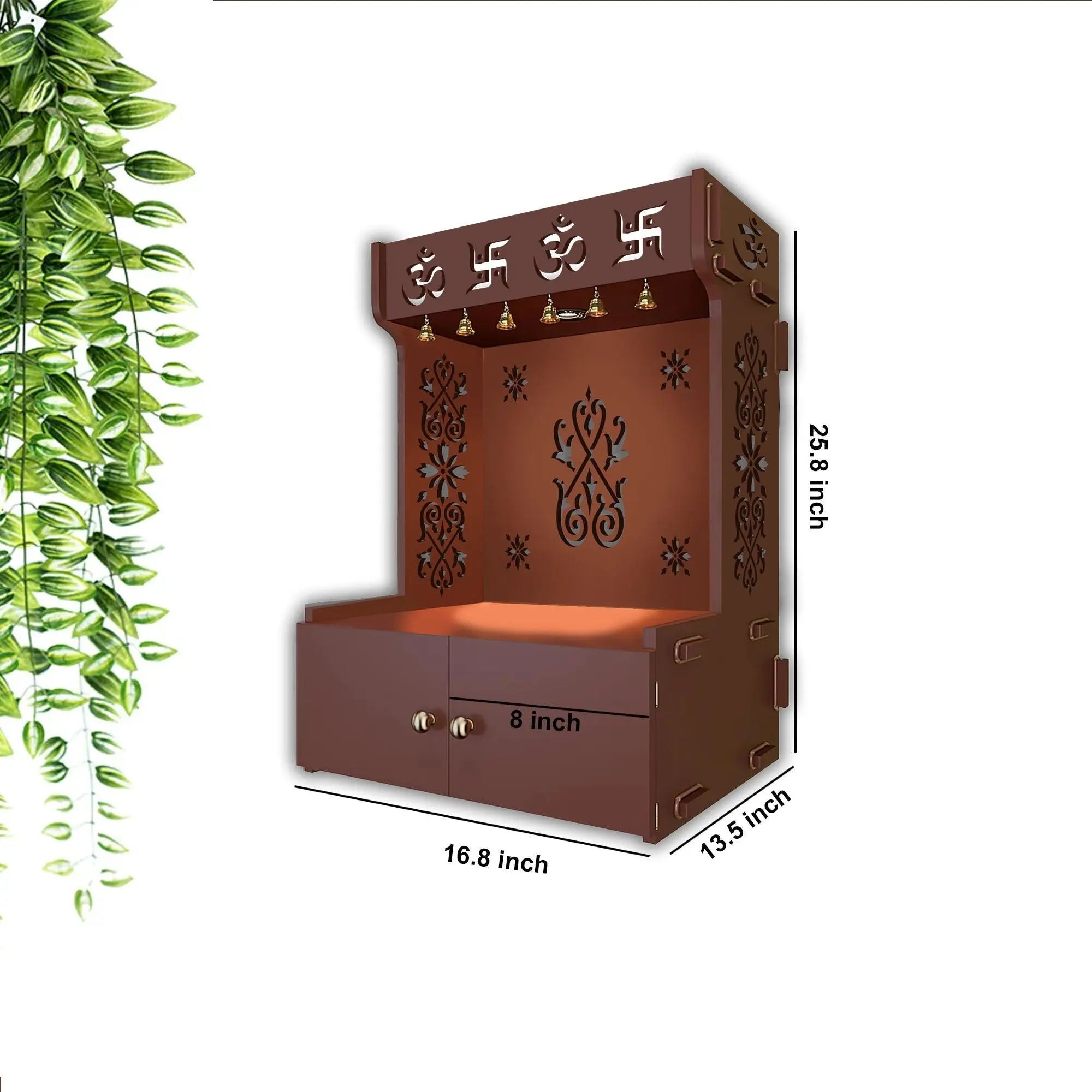OM Swastika Symbol of Hindu Religious Brown Wooden Wall Temple for Home With Inbuilt focus Lights & Spacious Shelf - Decor Mantra 