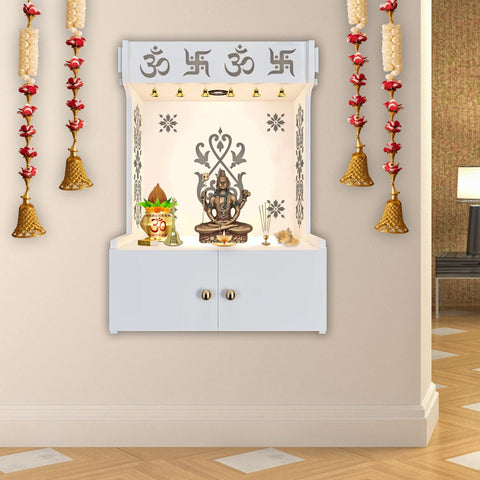 OM Swastika Symbol of Hindu Religious White Wooden Wall Temple for Home With Inbuilt focus Lights & Spacious Shelf - Decor Mantra 