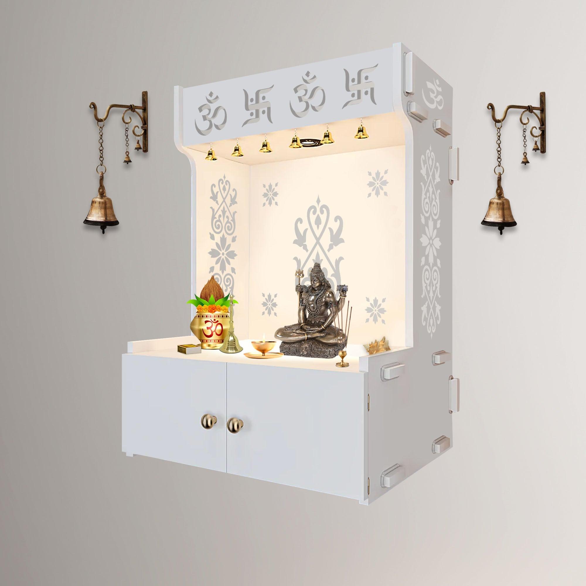 OM Swastika Symbol of Hindu Religious White Wooden Wall Temple for Home With Inbuilt focus Lights & Spacious Shelf - Decor Mantra 