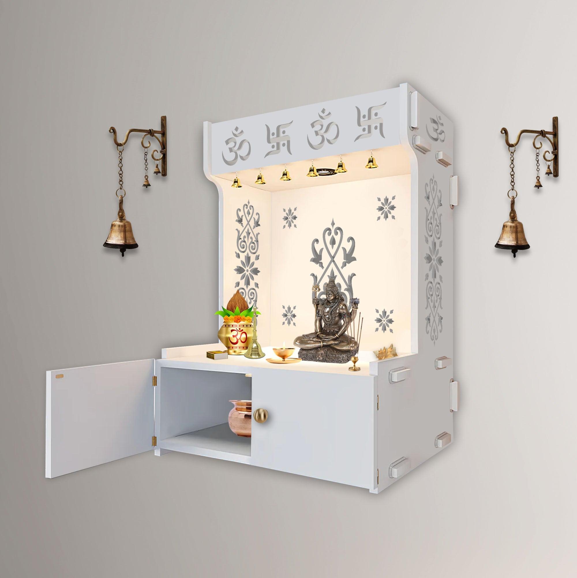 OM Swastika Symbol of Hindu Religious White Wooden Wall Temple for Home With Inbuilt focus Lights & Spacious Shelf - Decor Mantra 