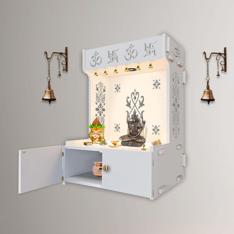 OM Swastika Symbol of Hindu Religious White Wooden Wall Temple for Home With Inbuilt focus Lights & Spacious Shelf - Decor Mantra 