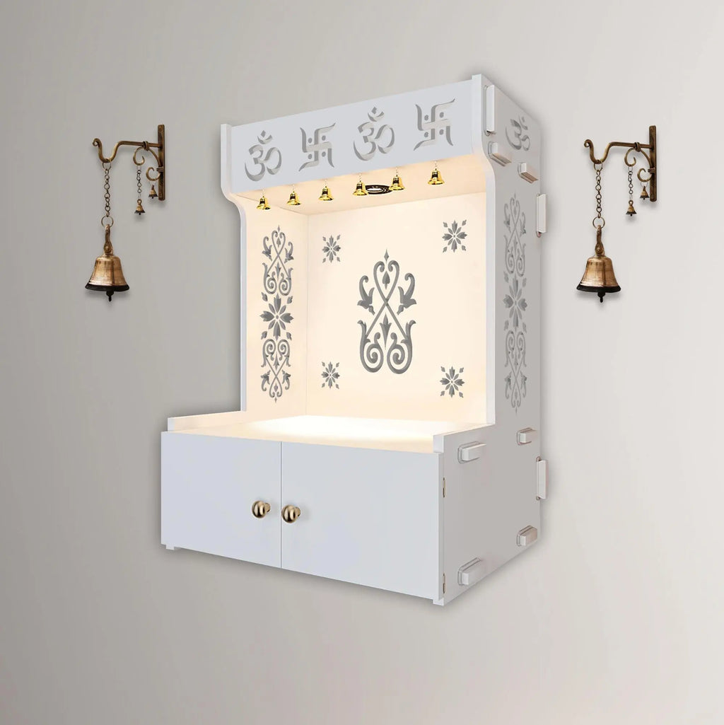 OM Swastika Symbol of Hindu Religious White Wooden Wall Temple for Home With Inbuilt focus Lights & Spacious Shelf - Decor Mantra 