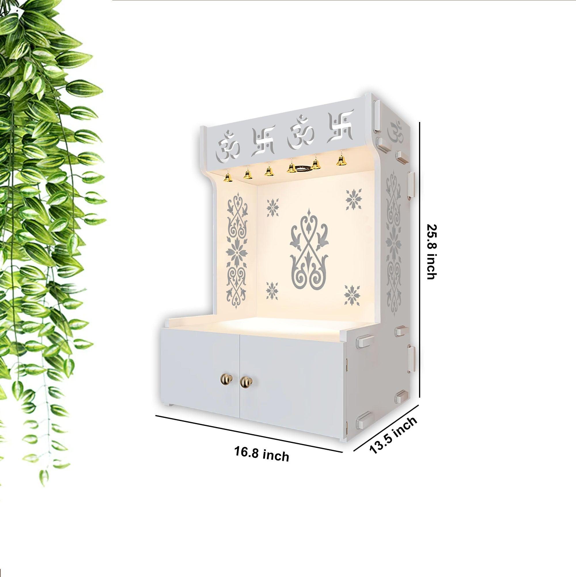 OM Swastika Symbol of Hindu Religious White Wooden Wall Temple for Home With Inbuilt focus Lights & Spacious Shelf - Decor Mantra 