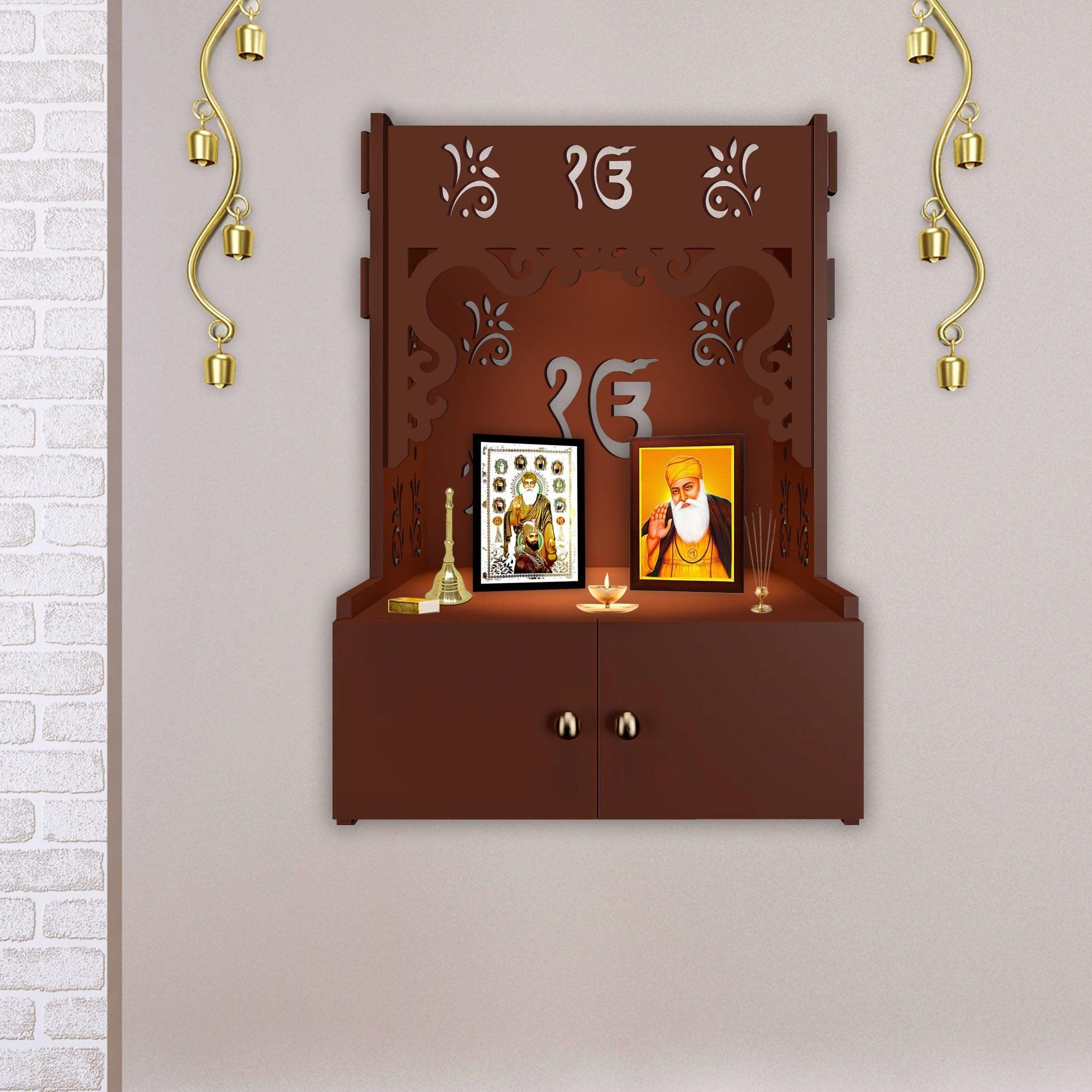 Ek-onkar Holy Symbol Brown Wooden Wall Temple for Home With Inbuilt focus Lights & Spacious Shelf - Decor Mantra 