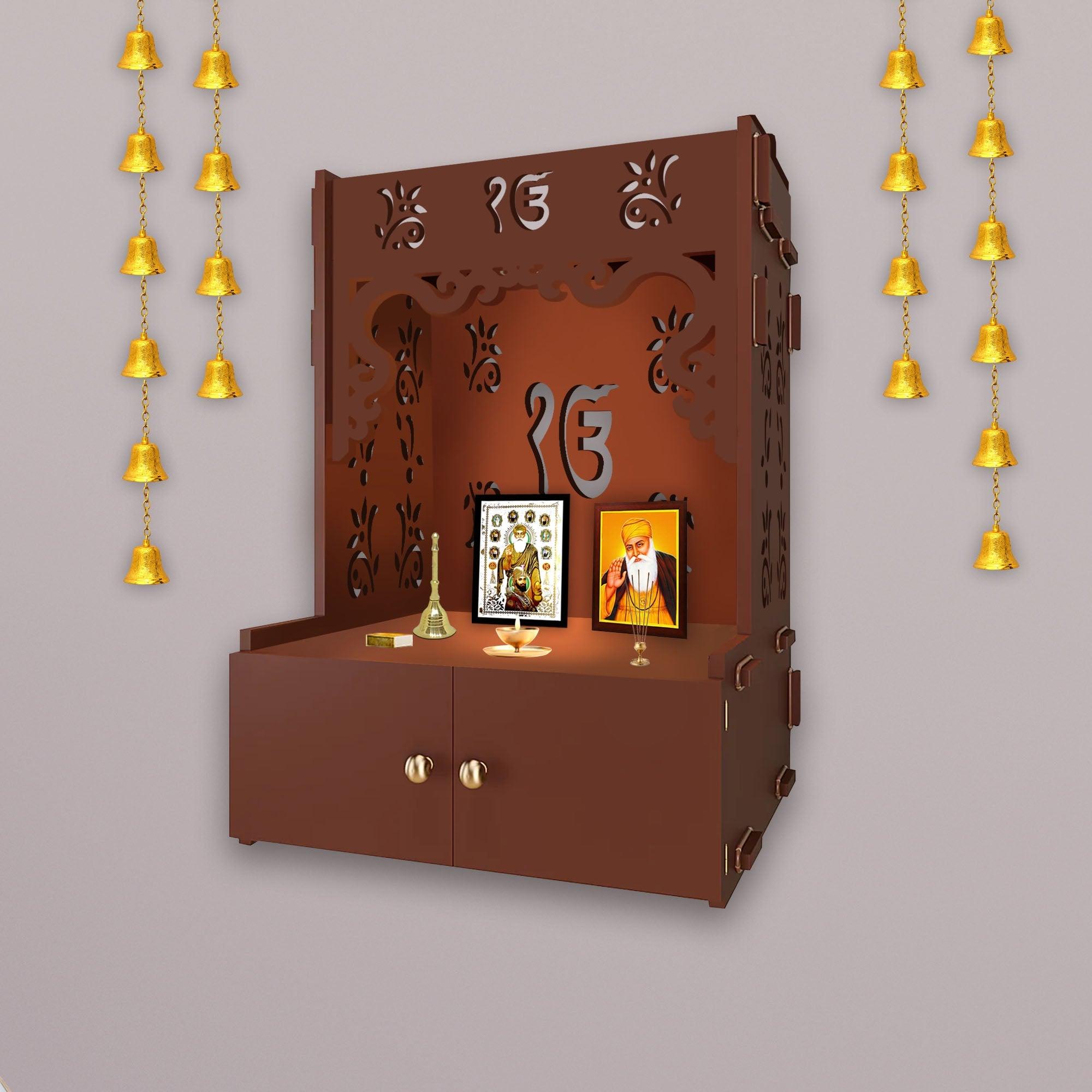 Ek-onkar Holy Symbol Brown Wooden Wall Temple for Home With Inbuilt focus Lights & Spacious Shelf - Decor Mantra 