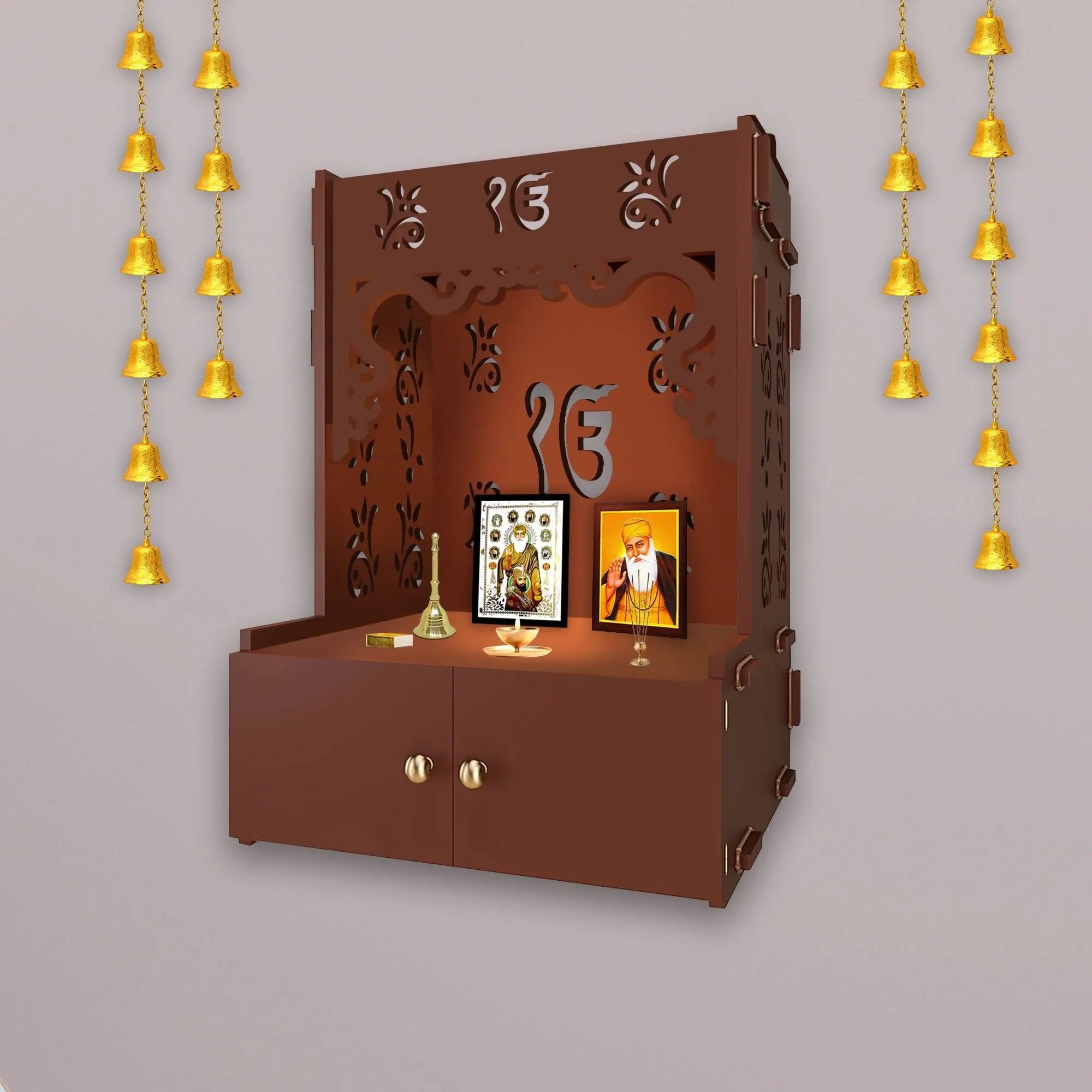 Ek-onkar Holy Symbol Brown Wooden Wall Temple for Home With Inbuilt focus Lights & Spacious Shelf - Decor Mantra 