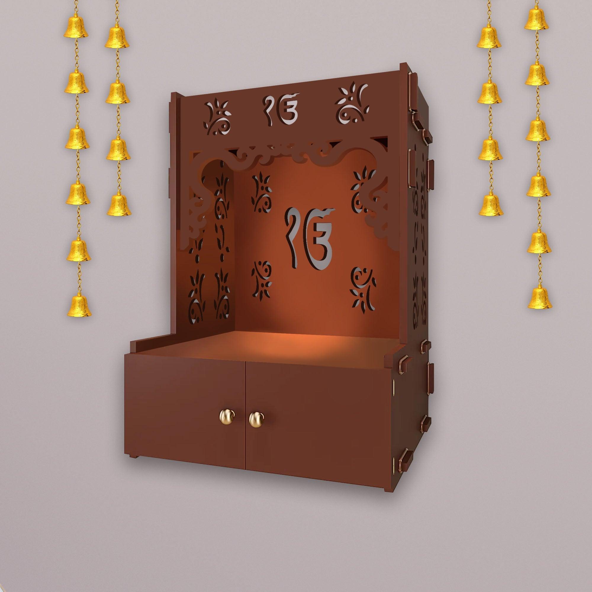 Ek-onkar Holy Symbol Brown Wooden Wall Temple for Home With Inbuilt focus Lights & Spacious Shelf - Decor Mantra 