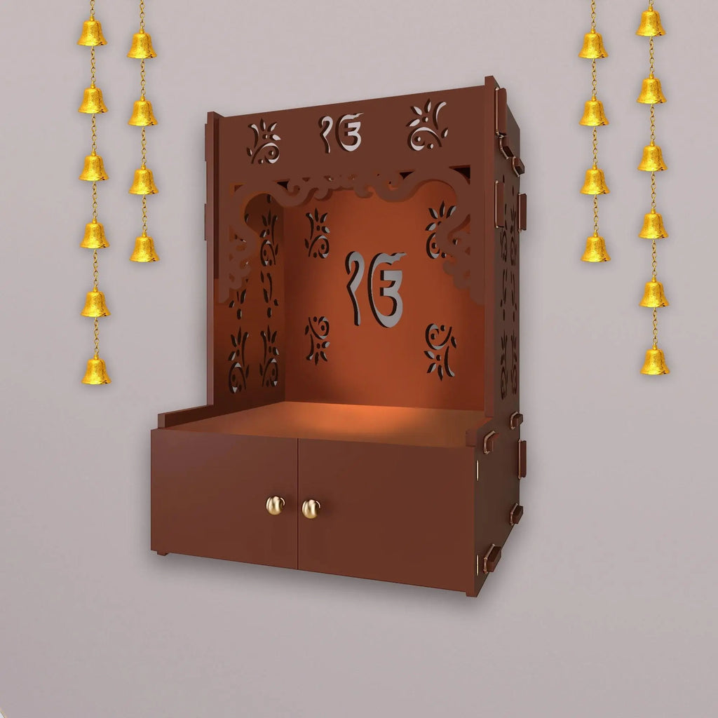 Ek-onkar Holy Symbol Brown Wooden Wall Temple for Home With Inbuilt focus Lights & Spacious Shelf - Decor Mantra 