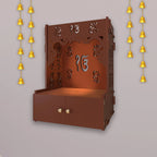 Ek-onkar Holy Symbol Brown Wooden Wall Temple for Home With Inbuilt focus Lights & Spacious Shelf - Decor Mantra 