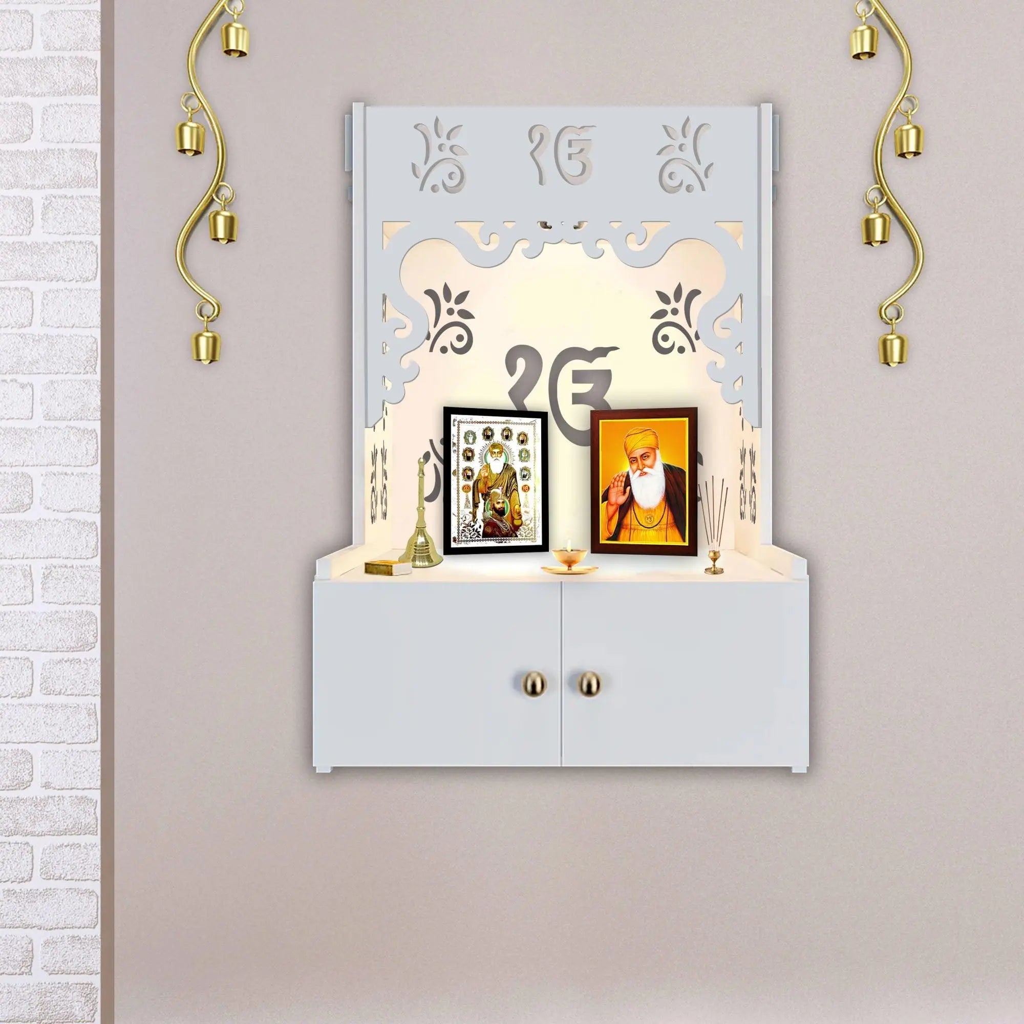 Ek-onkar Holy Symbol White Wooden Wall Temple for Home With Inbuilt focus Lights & Spacious Shelf - Decor Mantra 