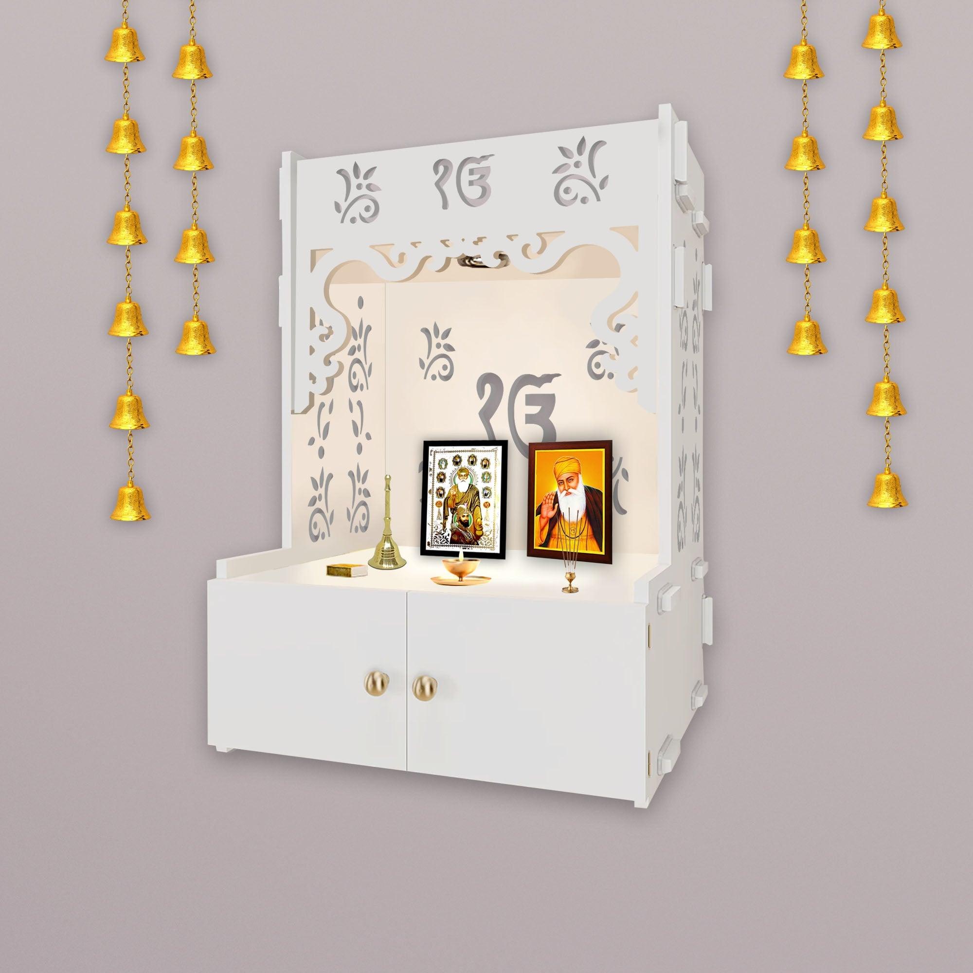 Ek-onkar Holy Symbol White Wooden Wall Temple for Home With Inbuilt focus Lights & Spacious Shelf - Decor Mantra 