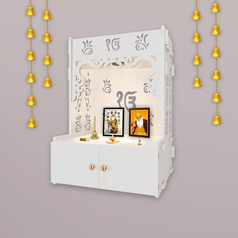 Ek-onkar Holy Symbol White Wooden Wall Temple for Home With Inbuilt focus Lights & Spacious Shelf - Decor Mantra 