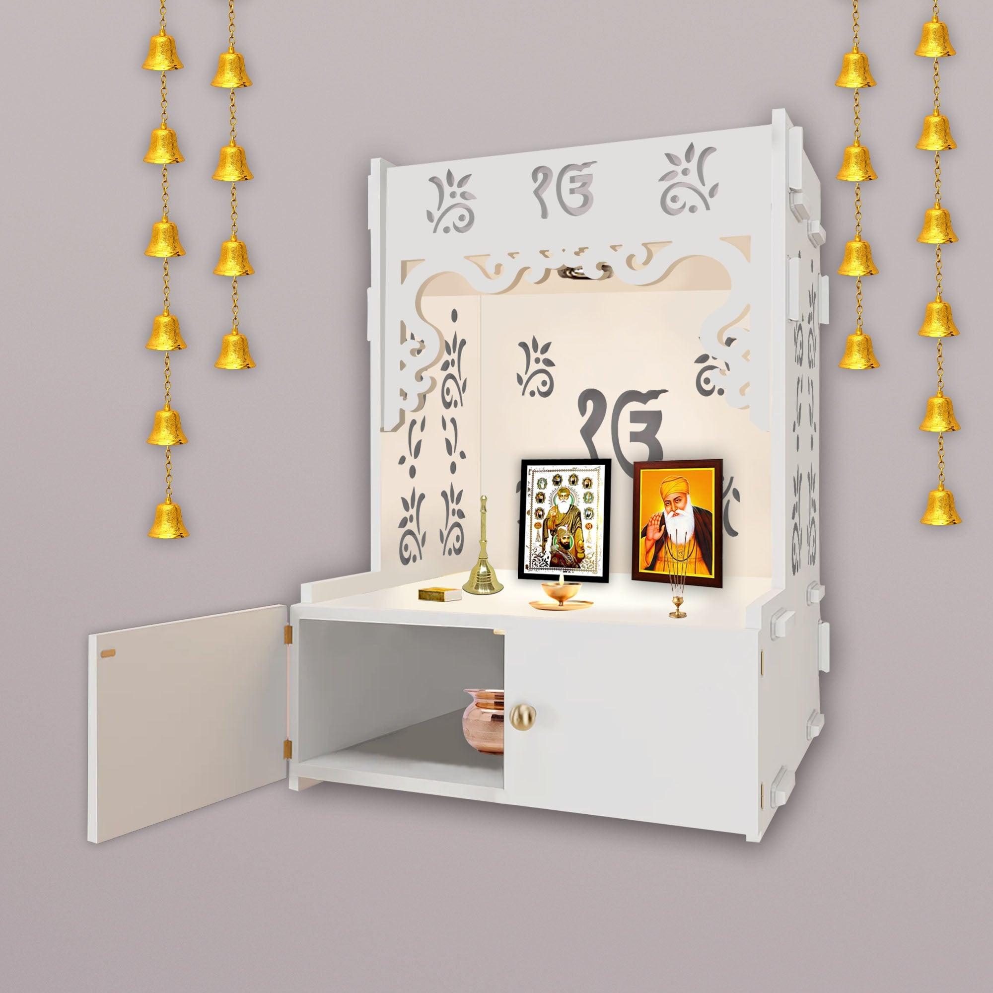 Ek-onkar Holy Symbol White Wooden Wall Temple for Home With Inbuilt focus Lights & Spacious Shelf - Decor Mantra 