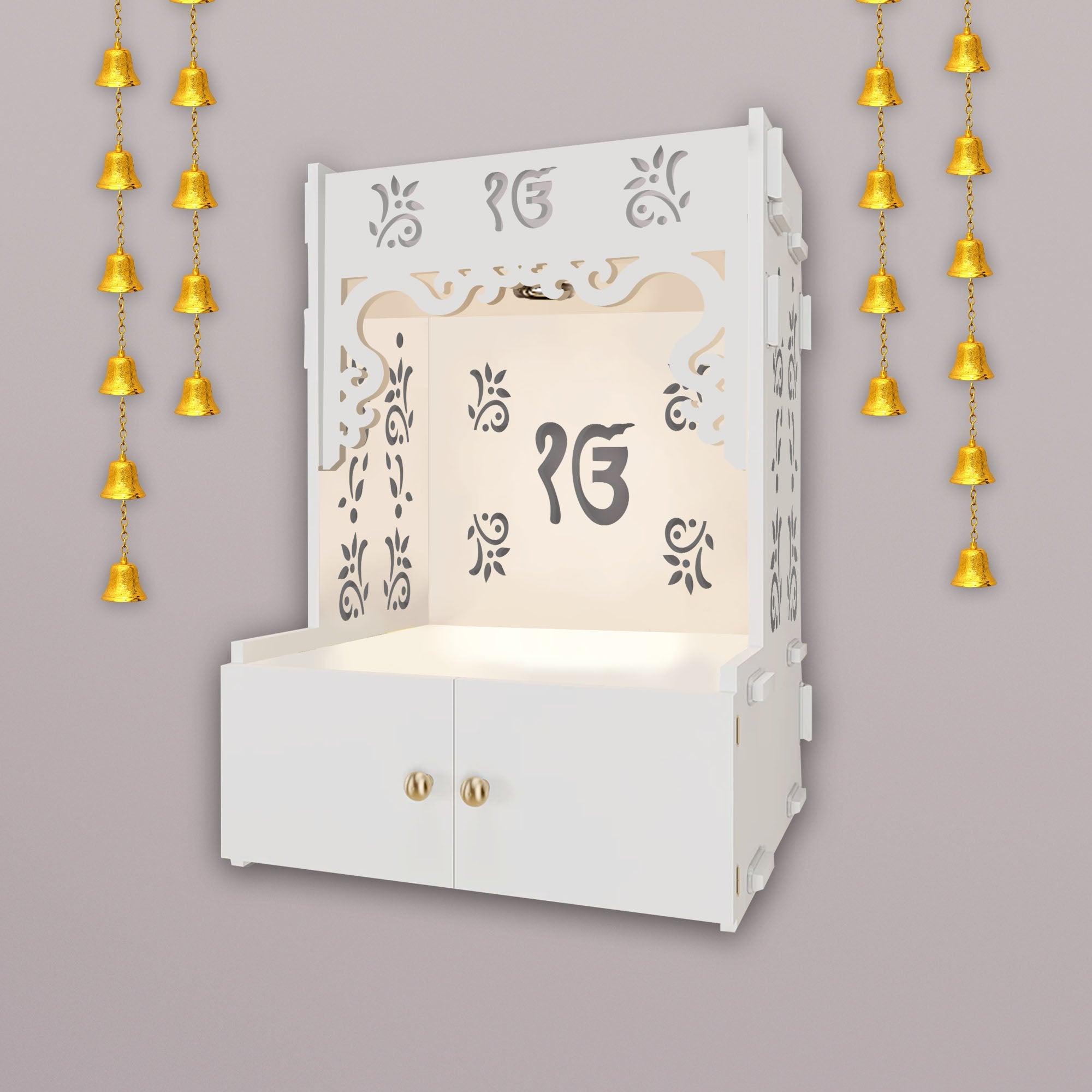 Ek-onkar Holy Symbol White Wooden Wall Temple for Home With Inbuilt focus Lights & Spacious Shelf - Decor Mantra 