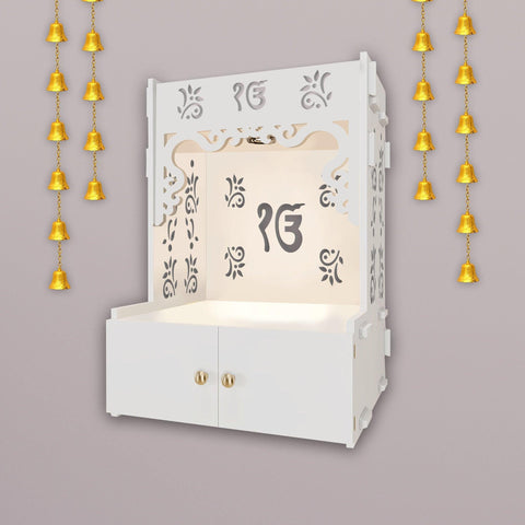 Ek-onkar Holy Symbol White Wooden Wall Temple for Home With Inbuilt focus Lights & Spacious Shelf - Decor Mantra 